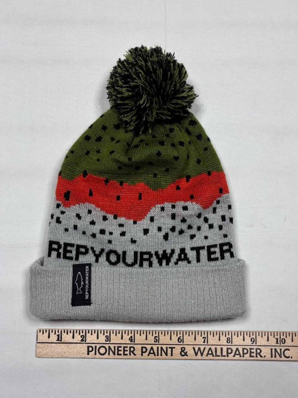 RepYourWater Rainbow Trout Skin Pom Beanie Hat Fly Fishing Adult OS RYW